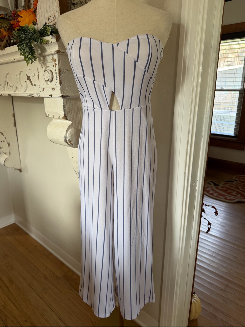 Rue21 White Strapless Jumpsuit with Navy Vertical Stripes